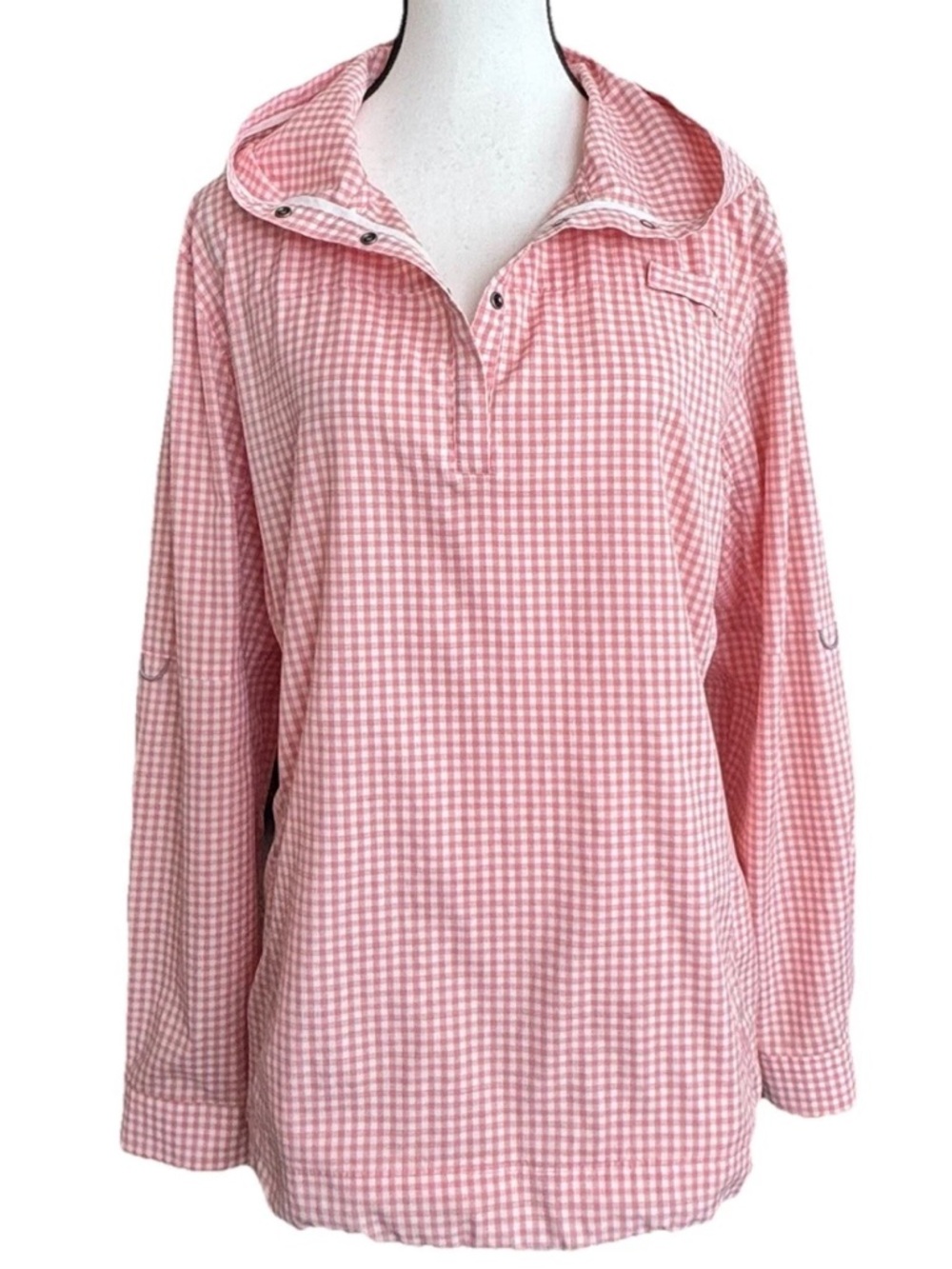 Coolibar UPF 50+ Sun Protection Henley Hoodie Long Sleeve Pink Gingham Large